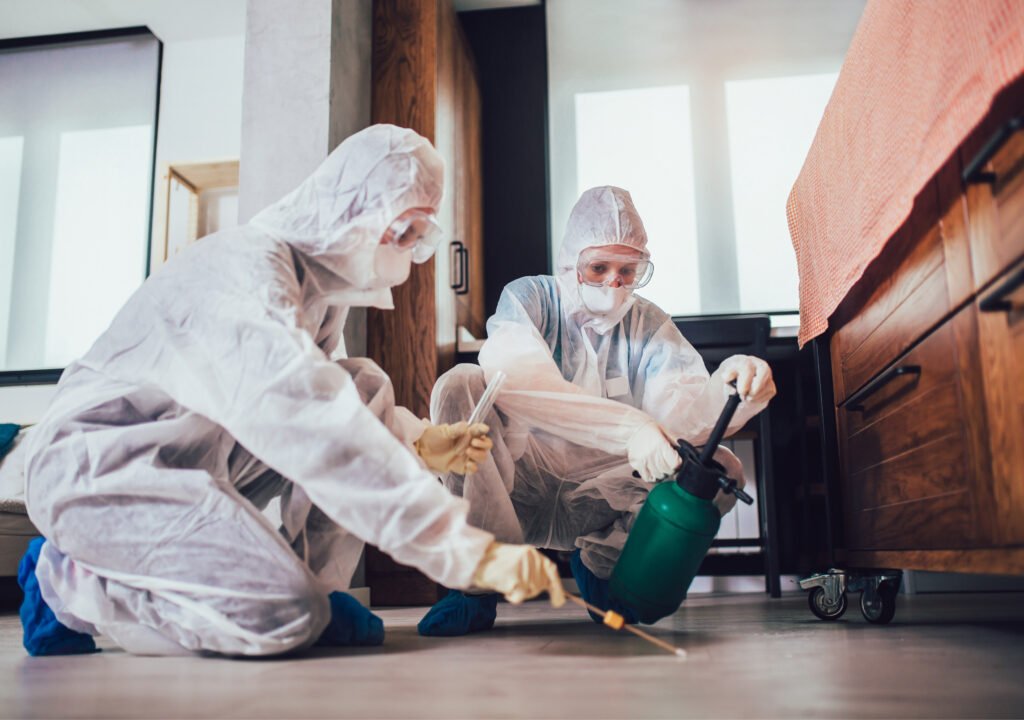 IPM Tech Pest Control Services Workers spraying a living room for Spider Control in Los Angeles